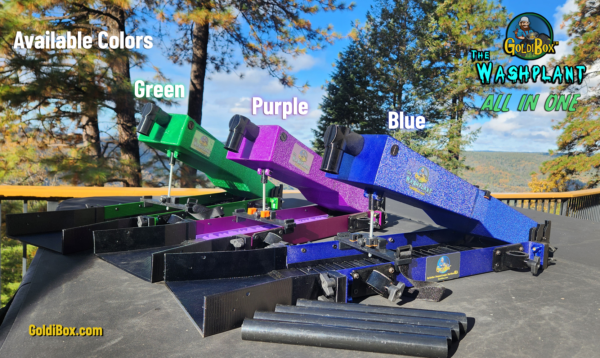 The GoldiBox Washplant All In One is available in green, purple, and blue.