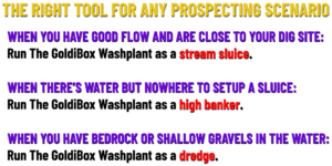 The GoldiBox Washplant. The perfect tool for any gold prospecting scenario. Highbanker, dredge and sluice all in one compact package.