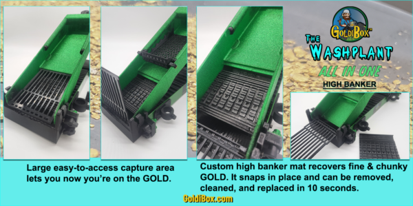 The GoldiBox Washplant features a large easy-to-access mat in the highbanker deck. Remove, clean and replace in 10 seconds.